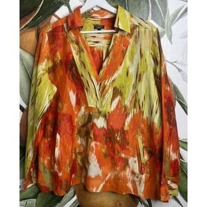 Talbots Size 14 Orange Paint Brush Popover Silk Blend Semi Sheer Long Sleeve Top